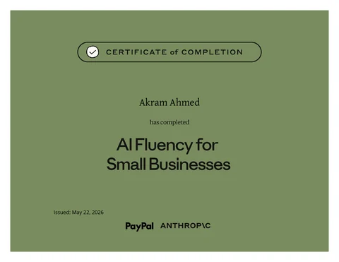 Anthropic Academy certificate of completion: AI Fluency for Small Businesses