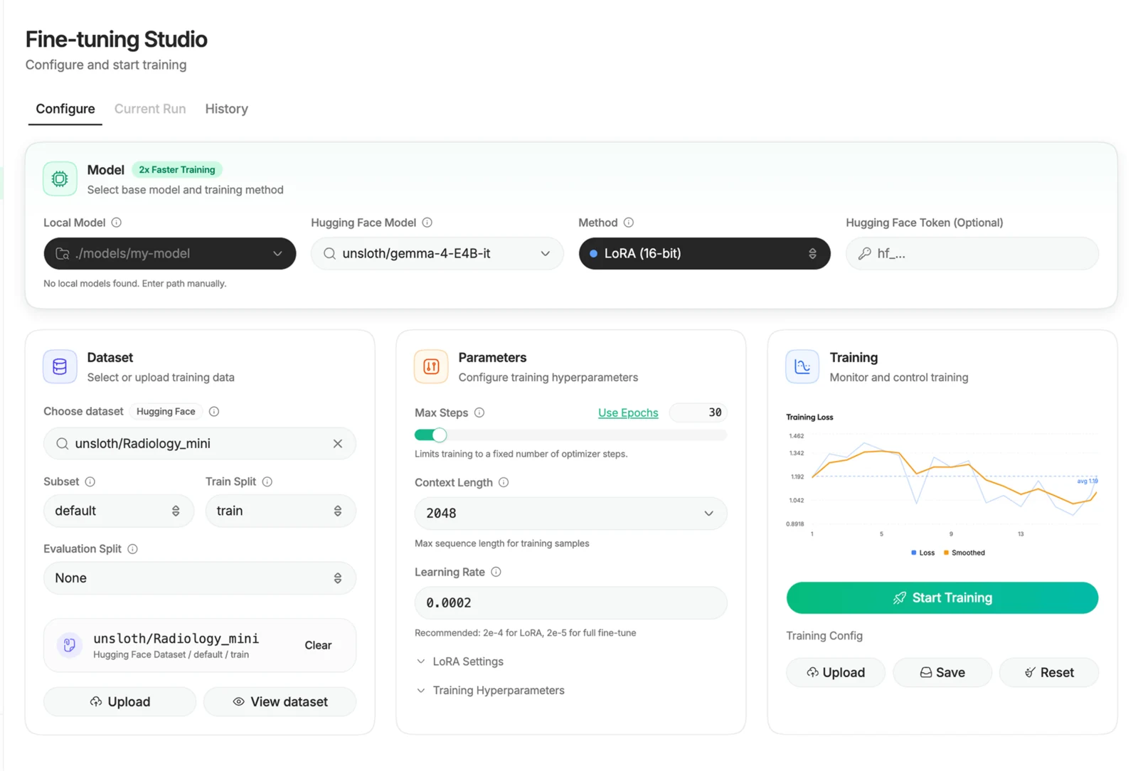 Fine-tuning Studio interface for configuring and monitoring a local model training run